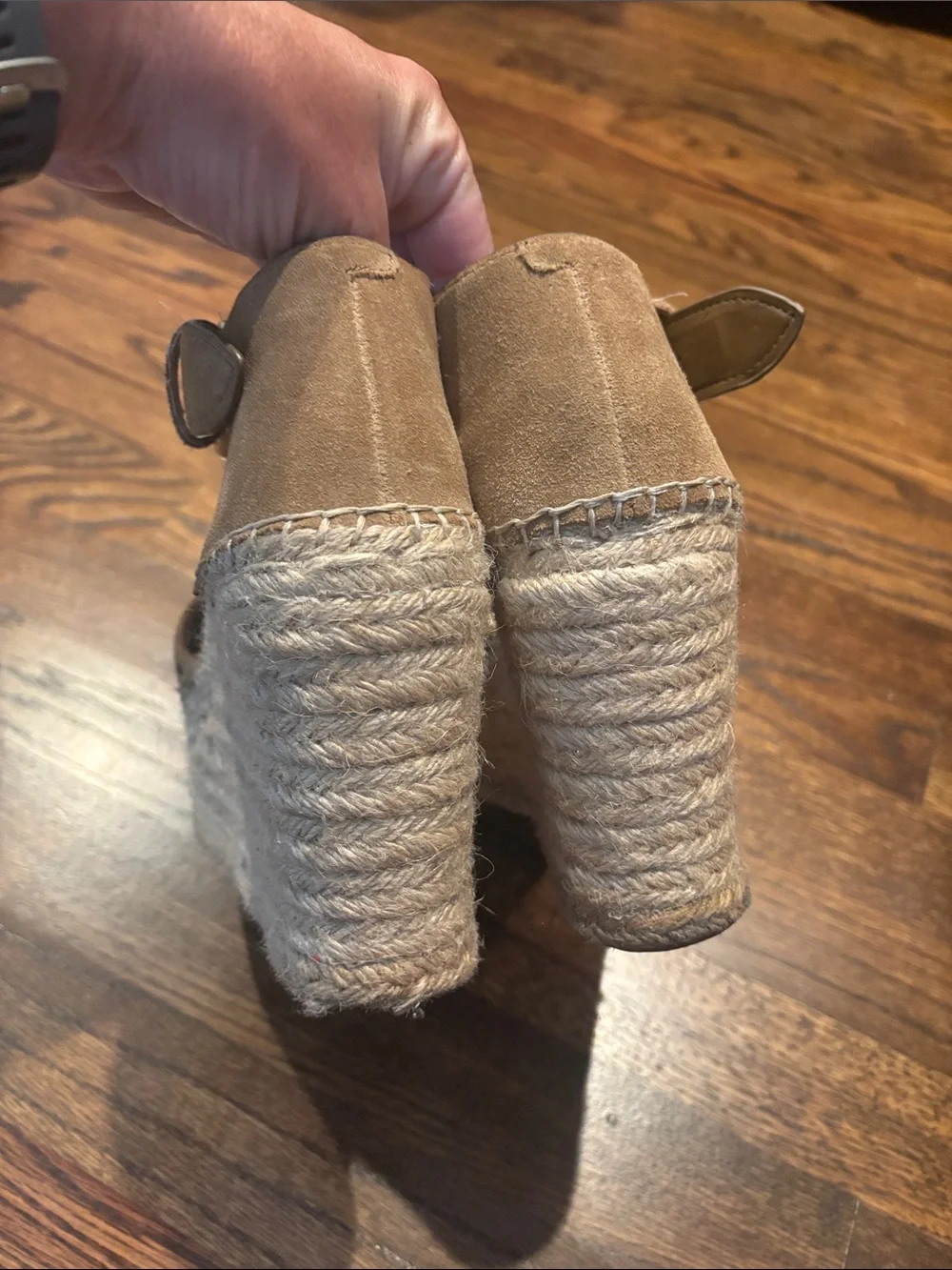 Marc Fisher Adalla platform wedge espadrille sandals tan/taupe suede finish 8